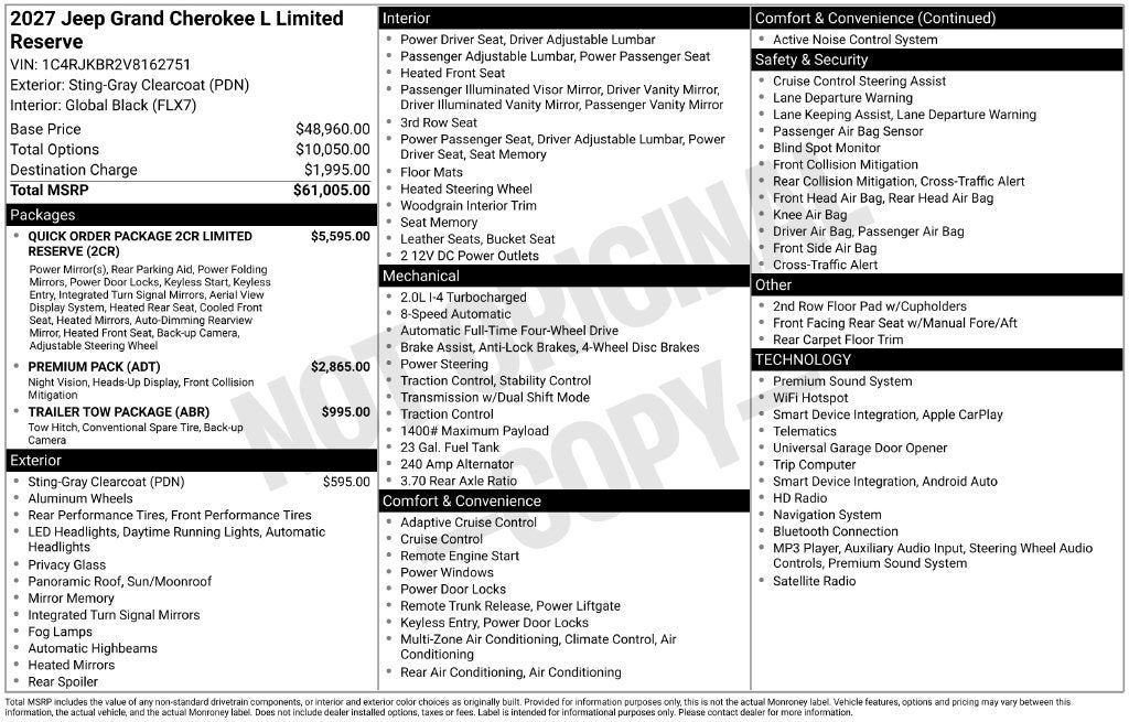 2027 Jeep Grand Cherokee GRAND CHEROKEE L LIMITED RESERVE 4X4