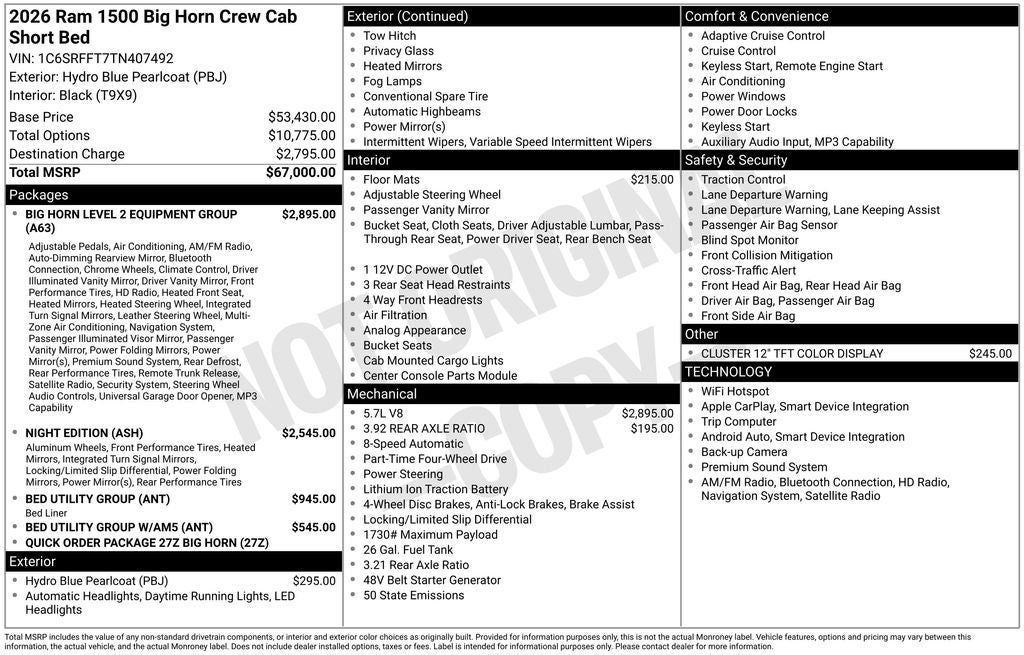 2026 RAM Ram 1500 RAM 1500 BIG HORN CREW CAB 4X4 5'7' BOX