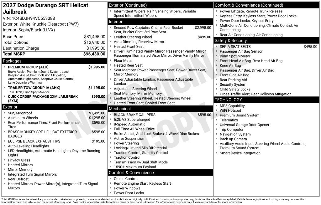 2027 Dodge Durango DURANGO SRT HELLCAT JAILBREAK AWD